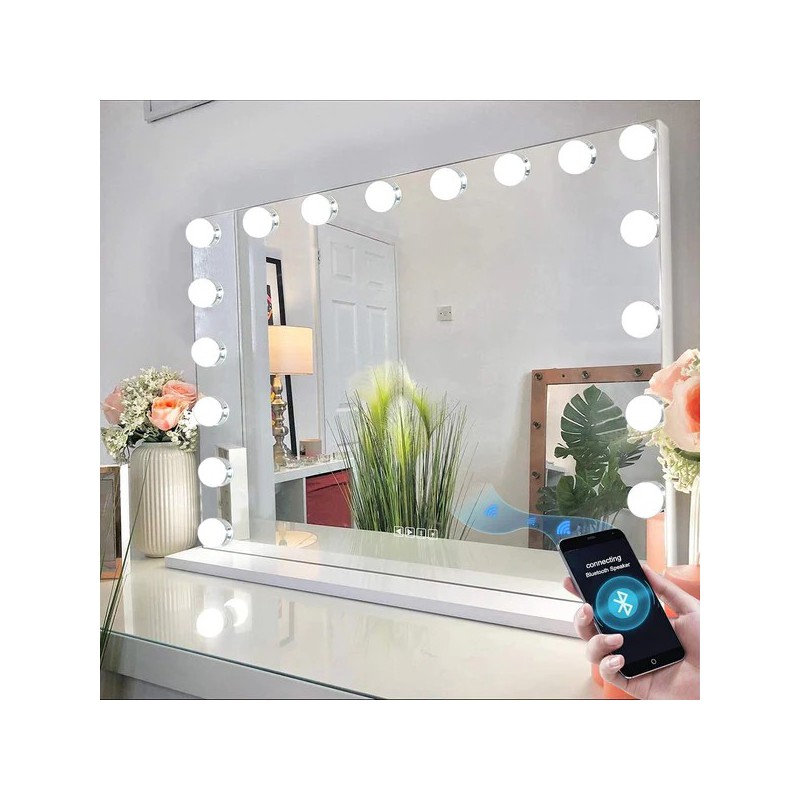 VANITII Grote Hollywood Dressing Mirror met Licht Bluetooth Desktop Wall Mounted Metal Wit
