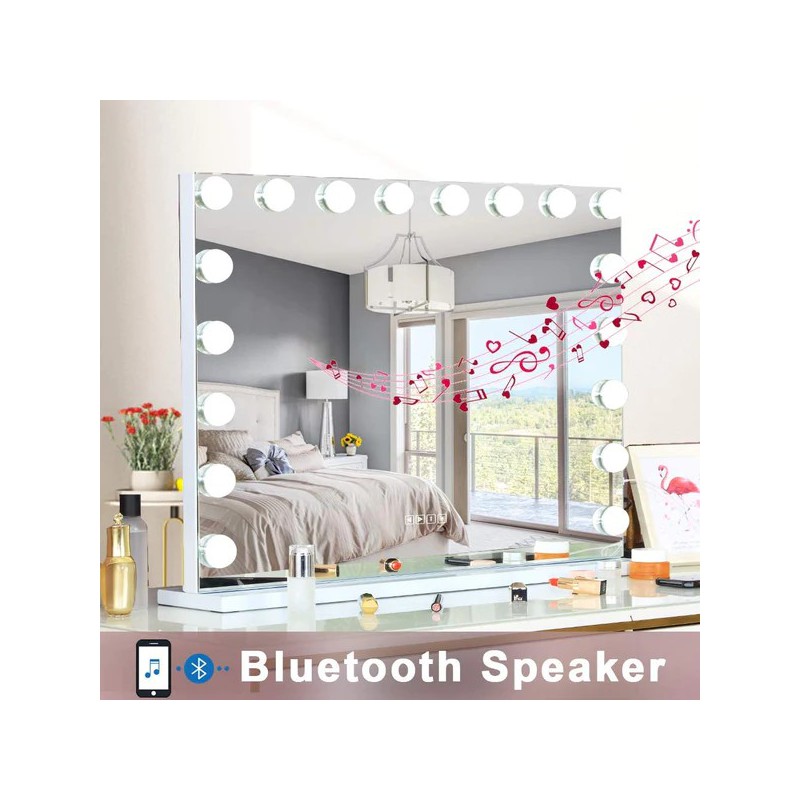 VANITII Grote Hollywood Dressing Mirror met Licht Bluetooth Desktop Wall Mounted Metal Wit