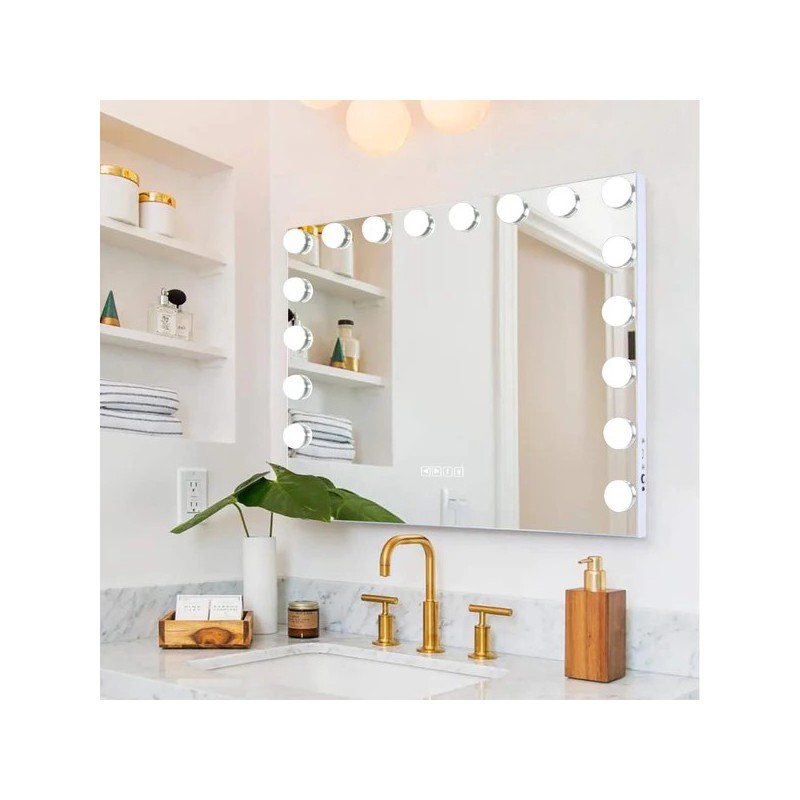VANITII Grote Hollywood Dressing Mirror met Licht Bluetooth Desktop Wall Mounted Metal Wit