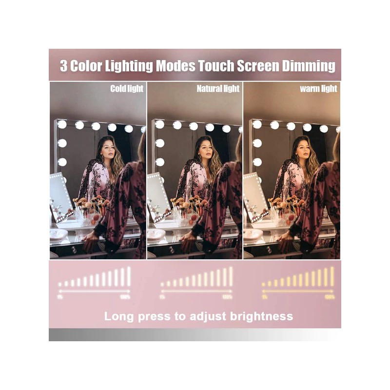 VANITII Grote Hollywood Dressing Mirror met Licht Bluetooth Desktop Wall Mounted Metal Wit