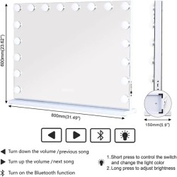 VANITII Grote Hollywood Dressing Mirror met Licht Bluetooth Desktop Wall Mounted Metal Wit