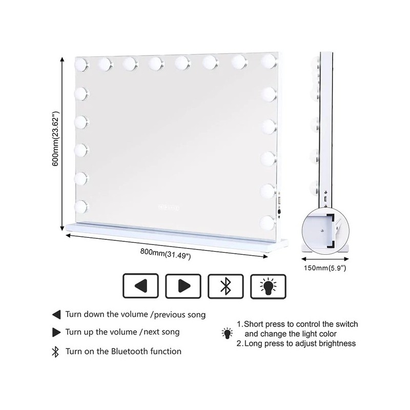 VANITII Grote Hollywood Dressing Mirror met Licht Bluetooth Desktop Wall Mounted Metal Wit