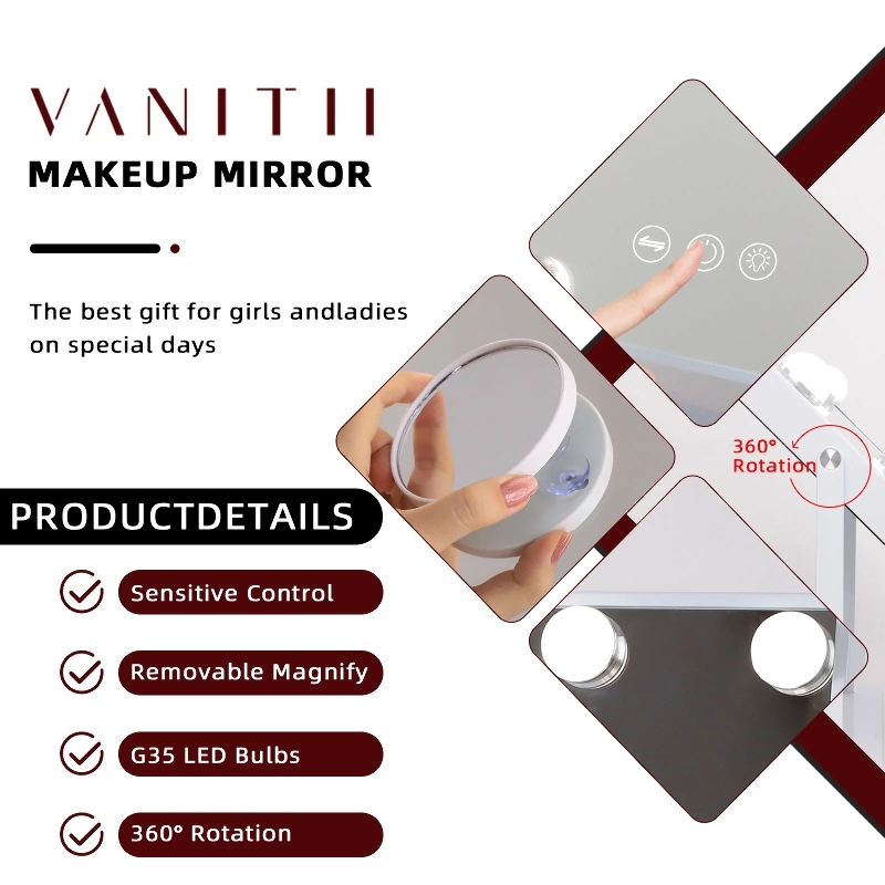 VANITII Hollywood Spiegel Vanity Spiegel met Lichten, Touch Control 3 Kleuren Dimbaar, 360° Rotatie 25 x 31cm, Wit