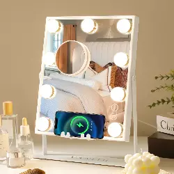 VANITII Bluetooth Hollywood Vanity Spiegel met Lichten Draadloze Opladen Tabletop Metaal Wit