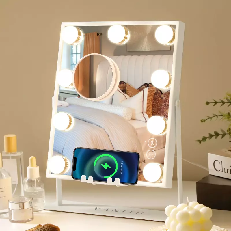 VANITII Bluetooth Hollywood Vanity Spiegel met Lichten Draadloze Opladen Tabletop Metaal Wit