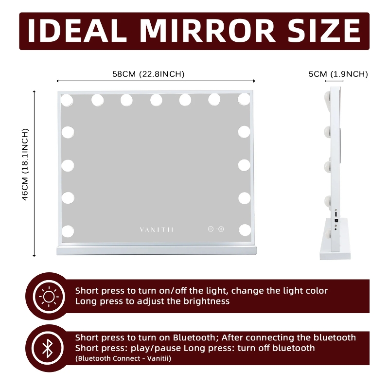 VANITII Grote Hollywood Vanity Spiegel met Lichten Bluetooth Tabletop Wall Mount Metaal Wit