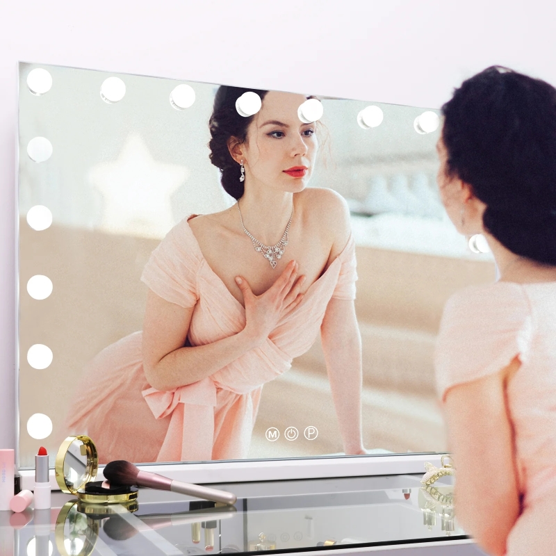 VANITII Grote Hollywood Vanity Spiegel met Lichten Tafelblad Muur Mount Metaal Wit 80*58cm