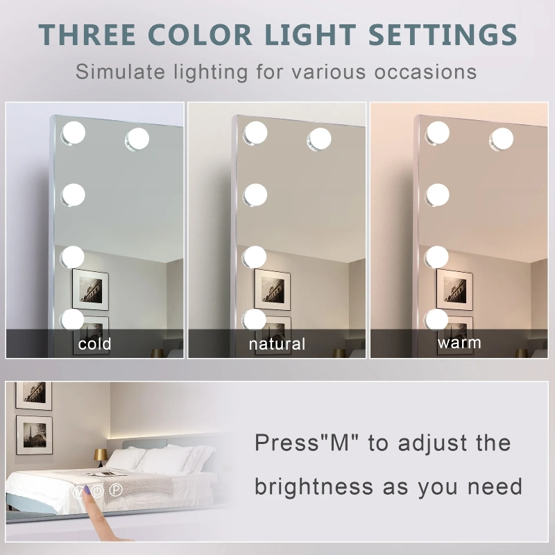 VANITII Grote Hollywood Vanity Spiegel met Lichten Tafelblad Muur Mount Metaal Wit 80*58cm