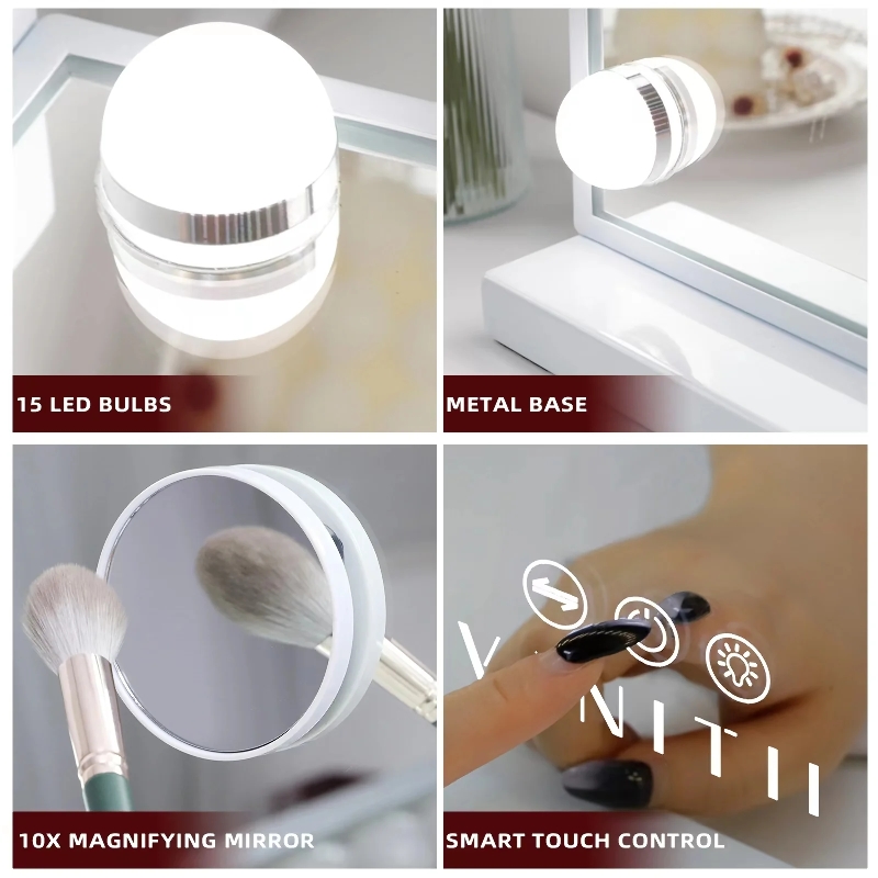 VANITII Grote Hollywood Vanity Spiegel met Lichten Wandmontage Tafelblad Metaal Wit